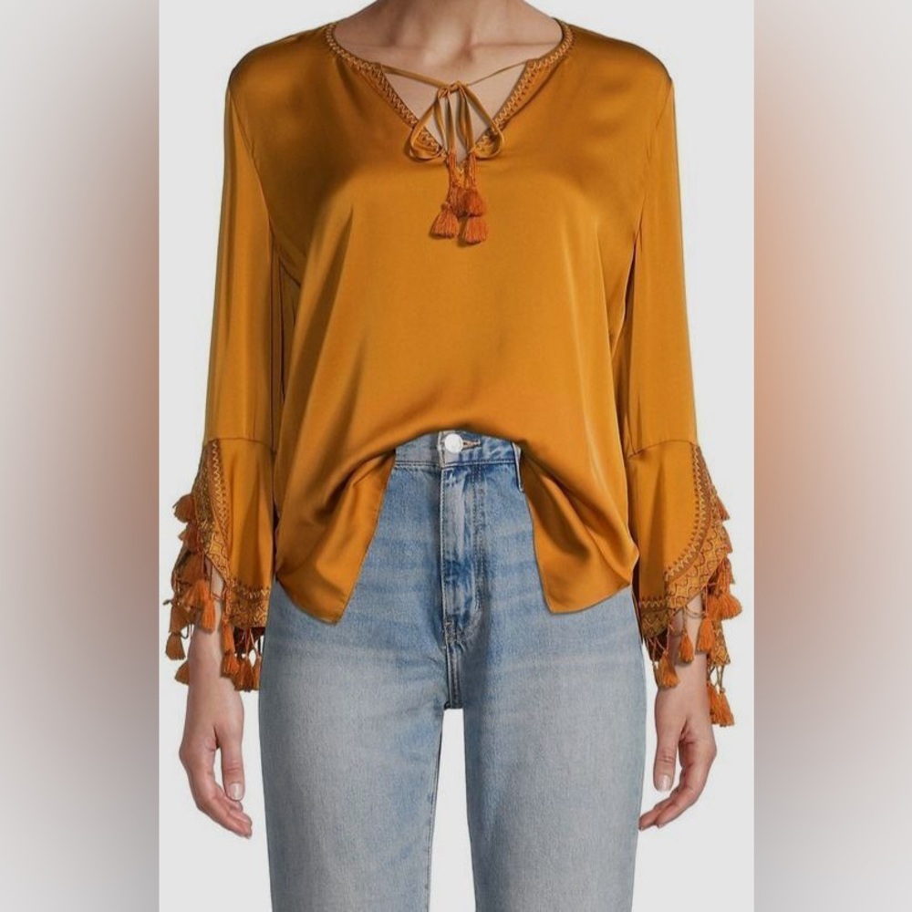 Women's Mustard Tassel V-Neck Blouse
